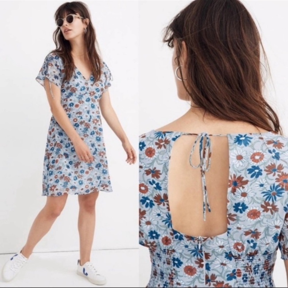 Madewell Cornflower Blue Wildflower Garden Floral Tie Back Cutout Mini Dress - 6